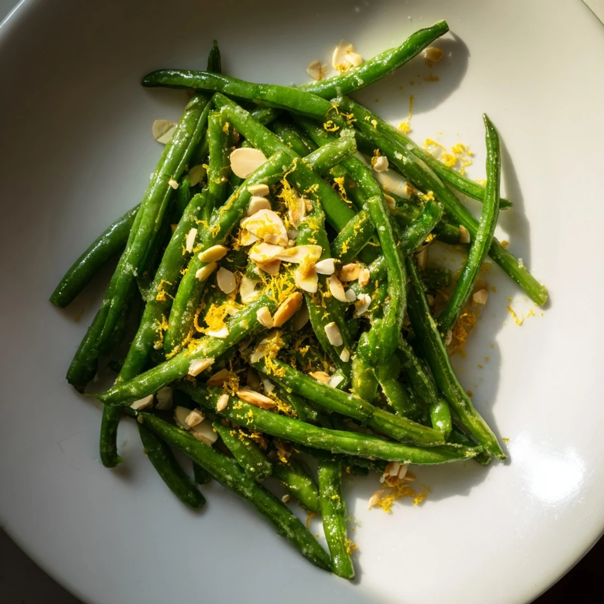 Green beans with toasted almonds and lemon tossed in a skillet, showing the golden nuts and buttery coating for a quick weeknight side.