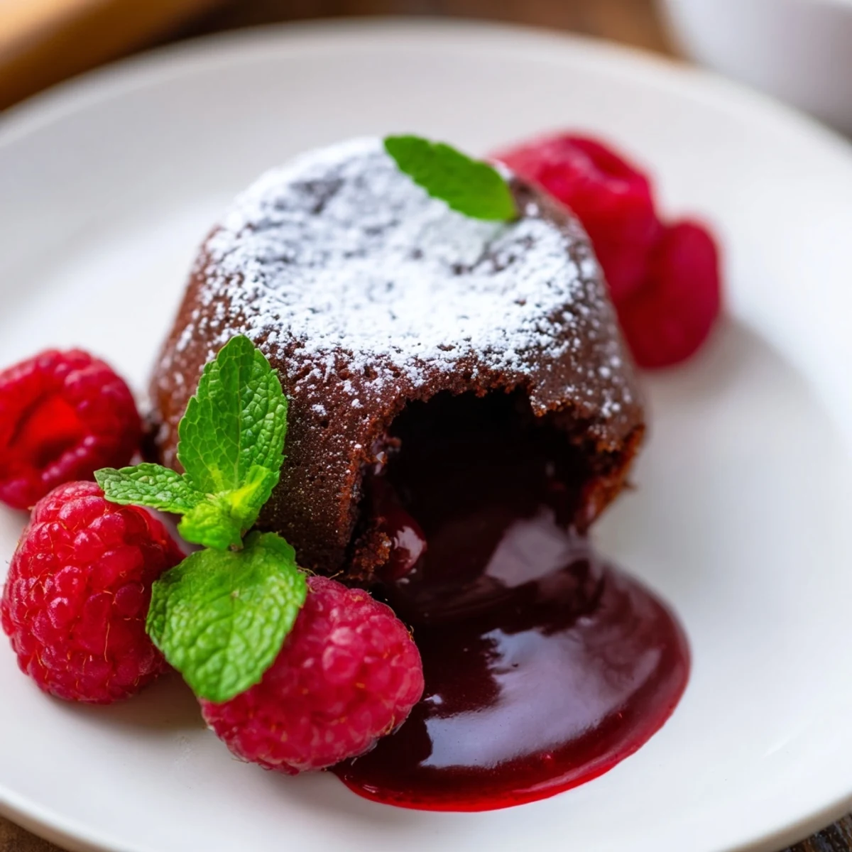 Four warm chocolate lava cakes on white plates, drizzled with vibrant raspberry coulis and dusted with powdered sugar for a decadent dessert.  