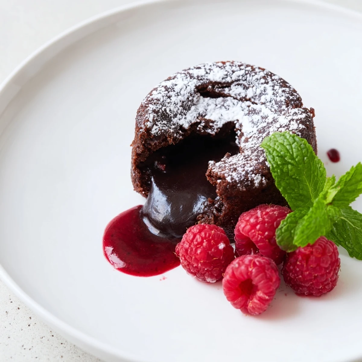 Freshly baked molten chocolate lava cakes with a gooey center, served with tart raspberry sauce and mint garnish for an elegant finish.  