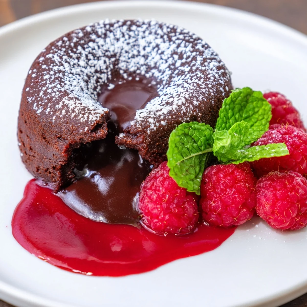 Indulgent chocolate lava cakes with raspberry coulis, ready to serve at a special occasion dinner, showcasing a rich, glossy sauce.