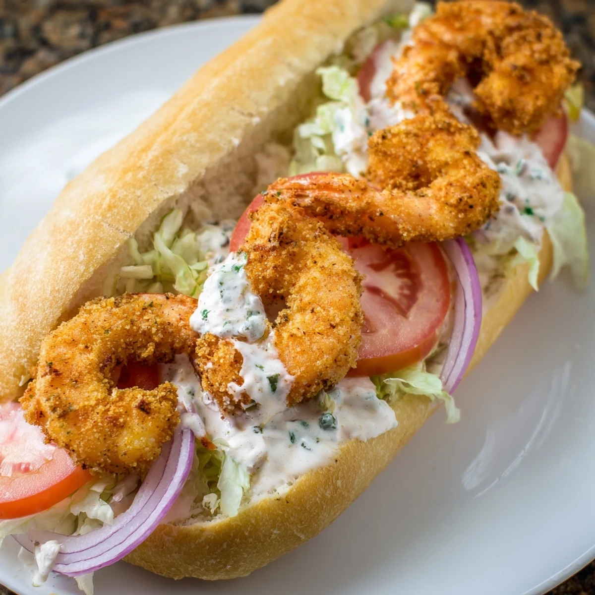 Crispy fried shrimp piled high on a crusty baguette, topped with crisp lettuce and tangy homemade remoulade.