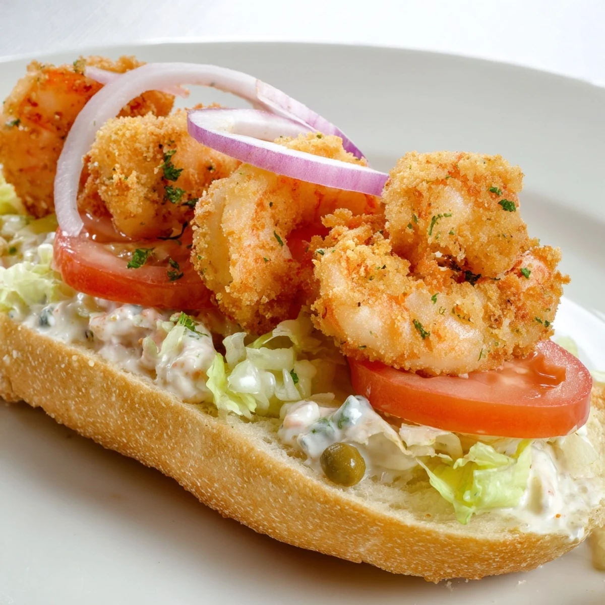Freshly assembled Mardi Gras Shrimp Po Boy with juicy tomato slices and a drizzle of spicy remoulade sauce.