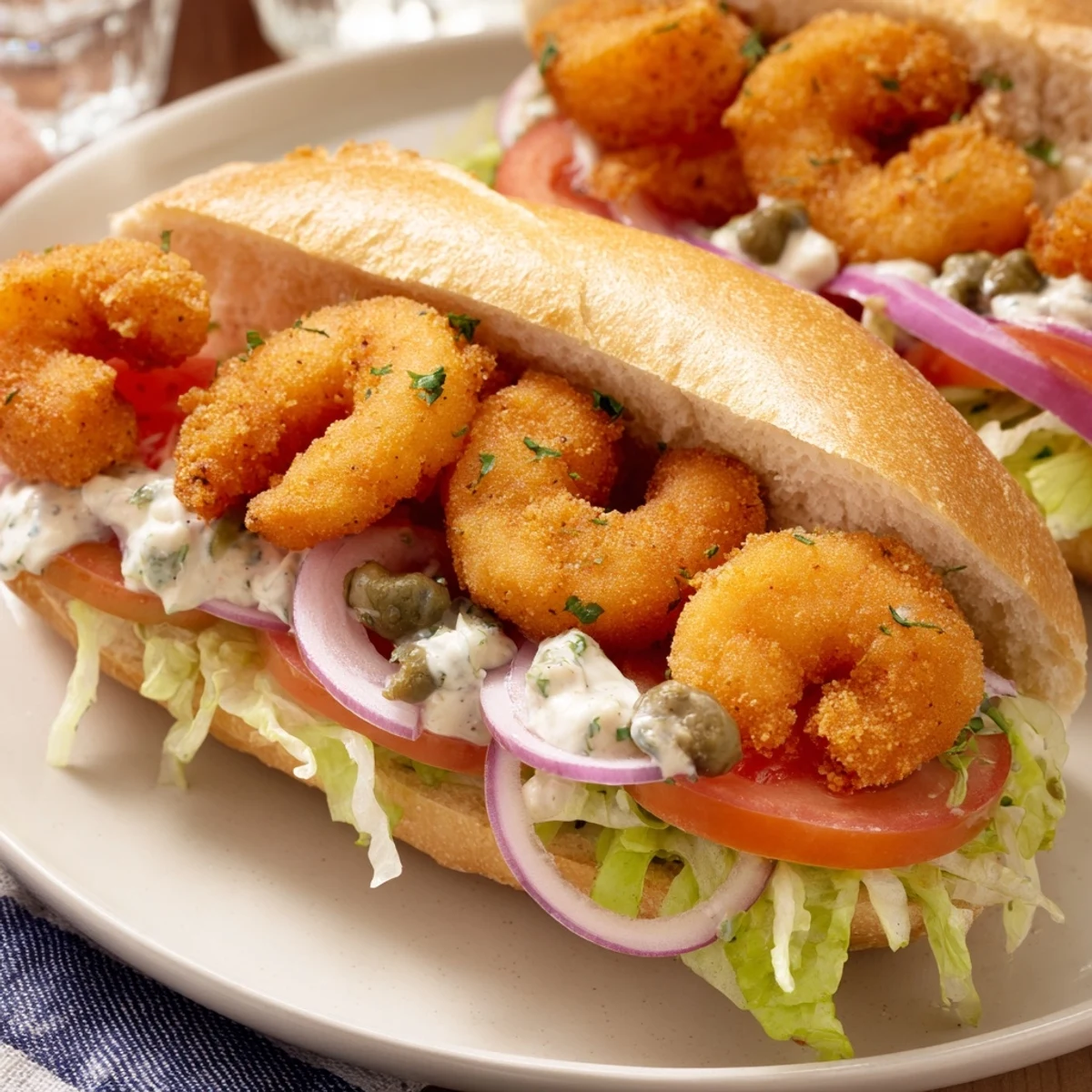 Golden fried shrimp nestled in a soft roll with crunchy veggies and creamy Cajun remoulade, ready to serve.