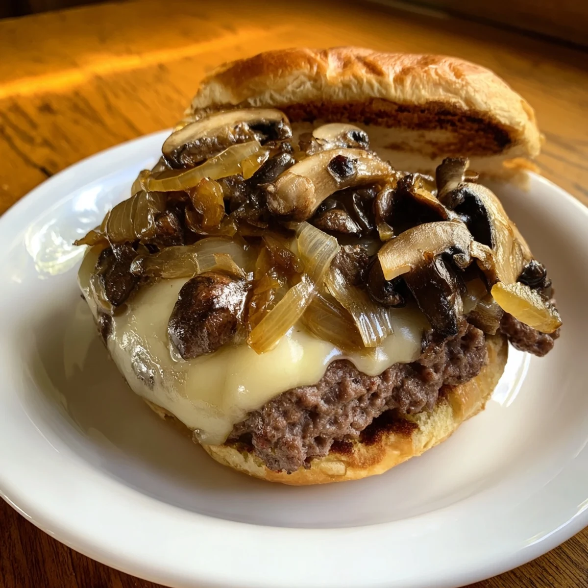 A juicy Beef Burger with Caramelized Onions and Mushrooms features melted cheese and toasted buns, served with fries.  