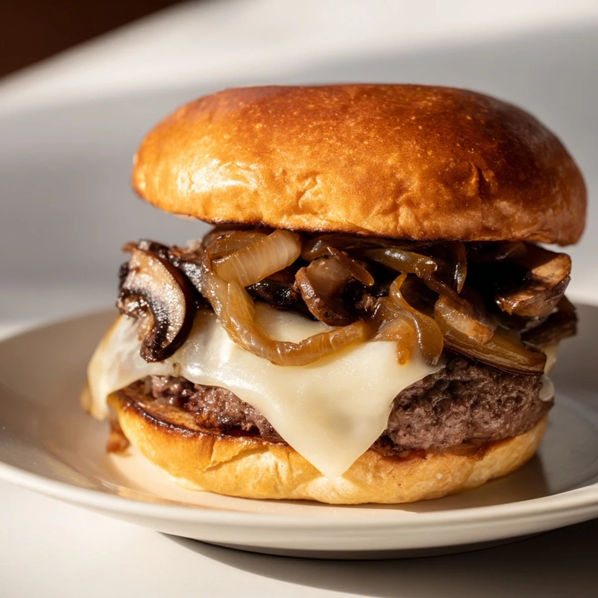 Close-up on a Beef Burger with Caramelized Onions and Mushrooms highlighting caramelized onions and melted Swiss cheese.
