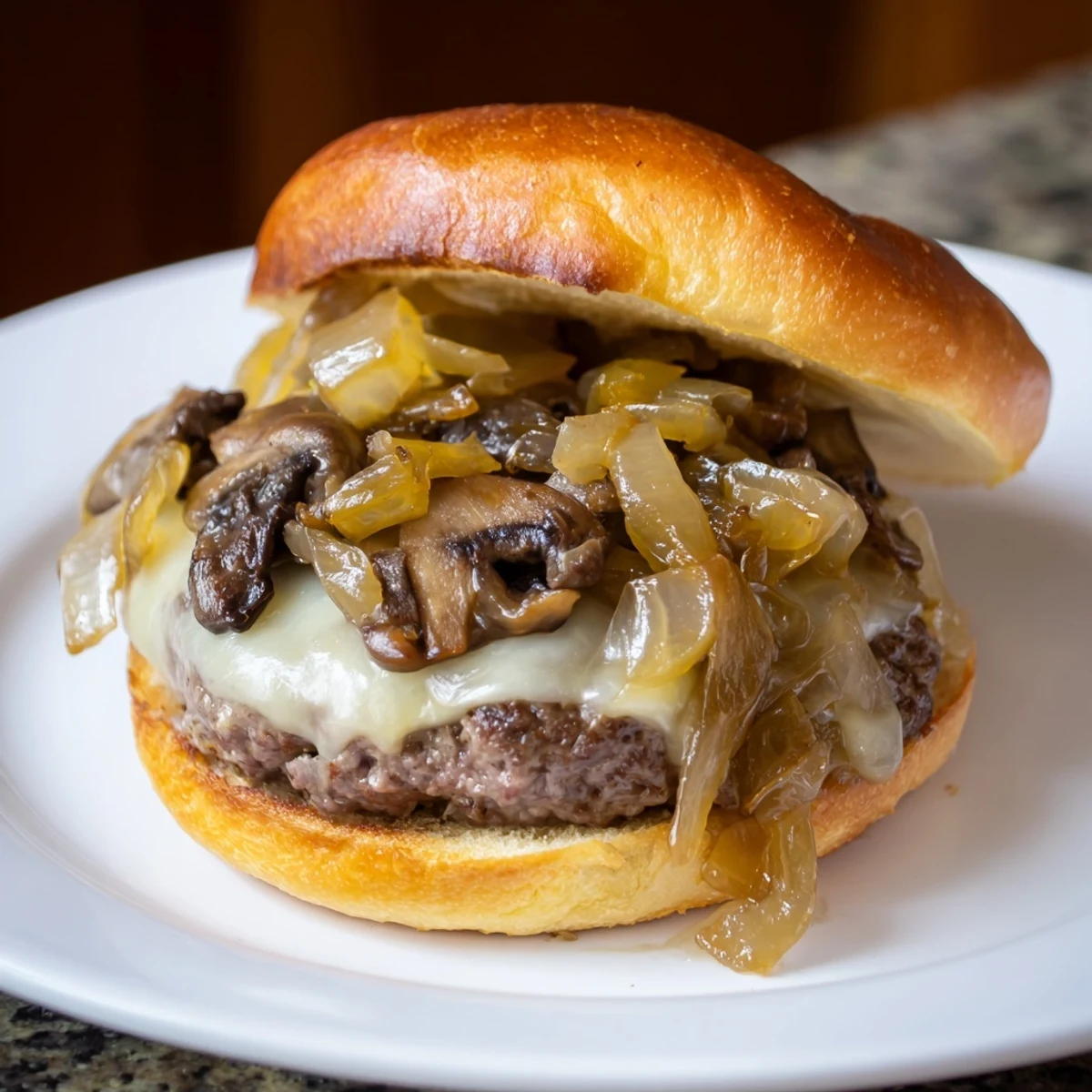 Top-down view of a gourmet Beef Burger with Caramelized Onions and Mushrooms, garnished with fresh lettuce and tomato.  