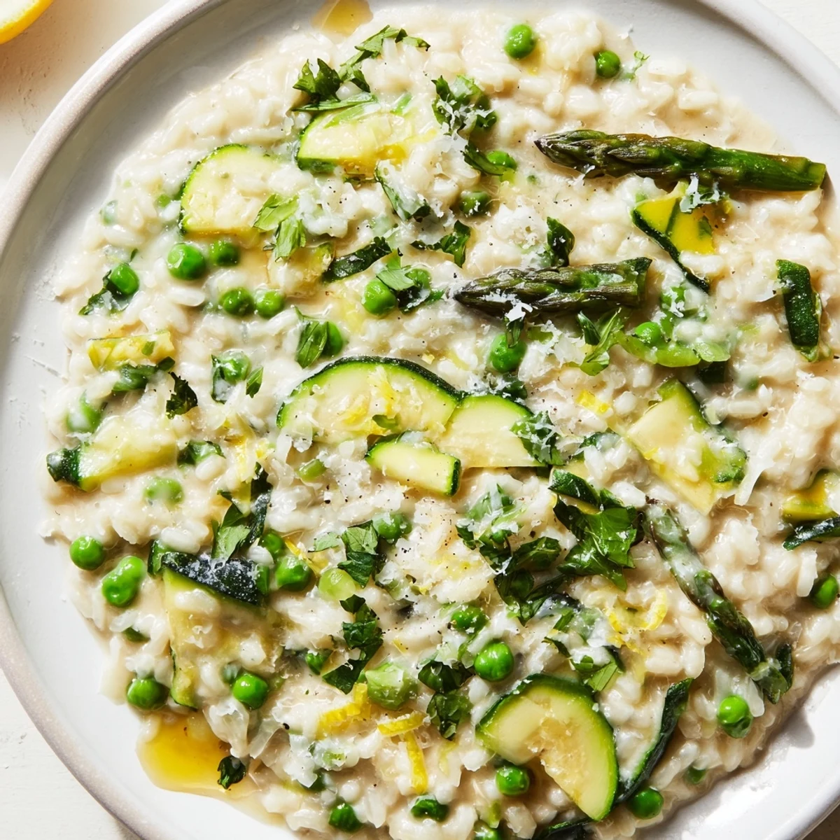 Spring Vegetable Risotto with Lemon served in a shallow bowl, garnished with fresh parsley and grated Parmesan cheese.