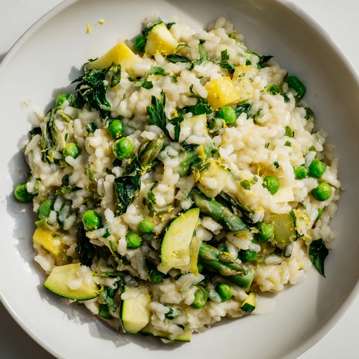 A steaming spoonful of Spring Vegetable Risotto with Lemon, highlighting vibrant asparagus and peas against a creamy texture.