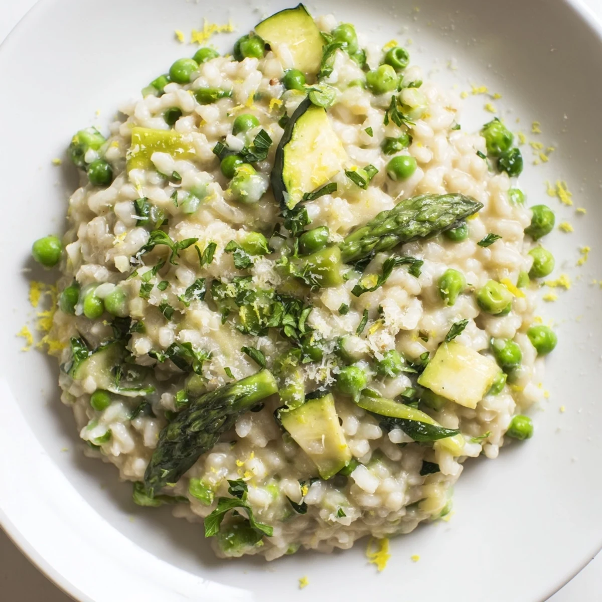 Close-up of Spring Vegetable Risotto with Lemon, showing tender zucchini, spinach, and a bright, zesty finish.