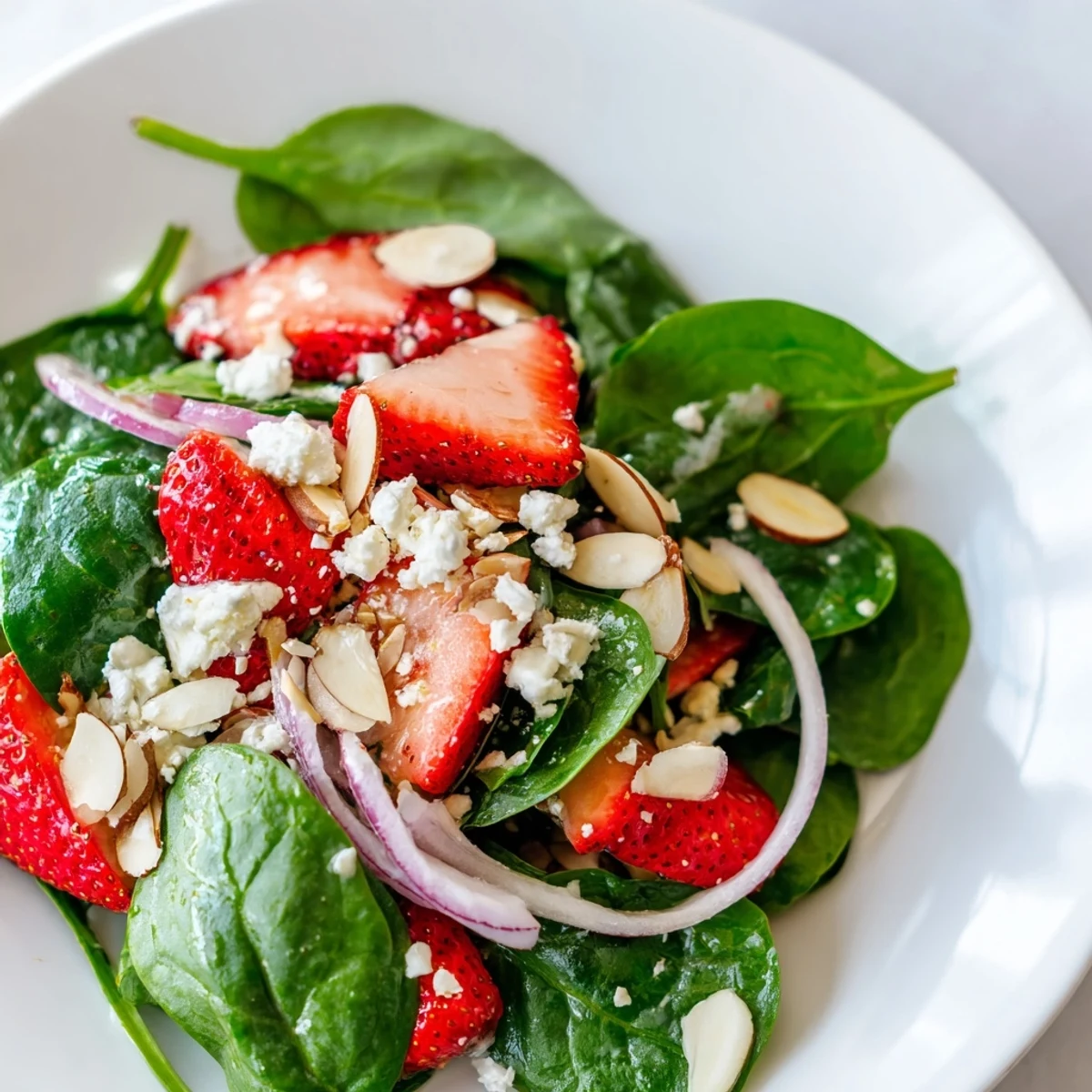 This easy Strawberry Spinach Salad with Poppy Seed Dressing features toasted almonds, red onion, and a tangy-sweet vinaigrette.  