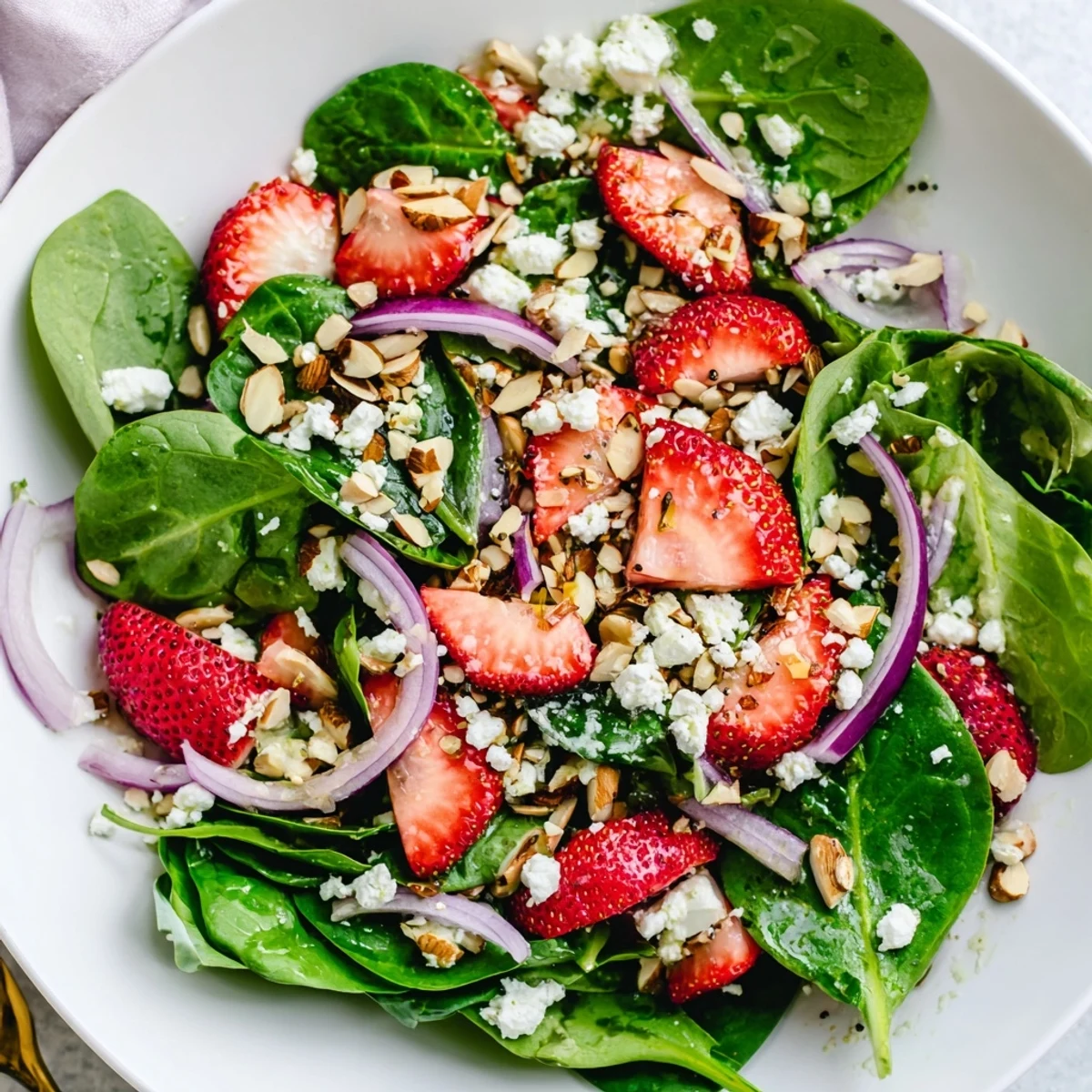 Fresh baby spinach, sliced strawberries, and crumbled feta tossed in a homemade poppy seed dressing for a bright, summery salad.  