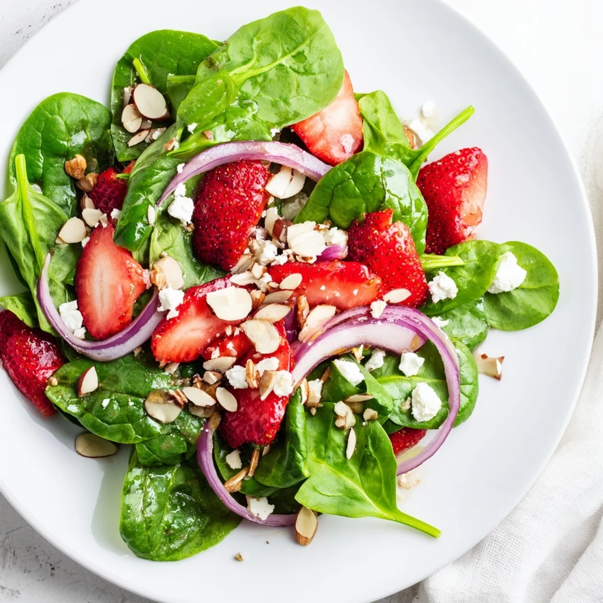 A vibrant bowl of Strawberry Spinach Salad with Poppy Seed Dressing topped with crumbled feta, strawberries, and almonds.