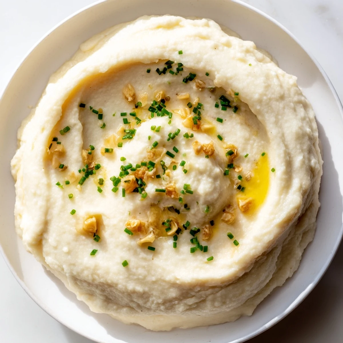 A close-up of creamy roasted garlic mashed cauliflower topped with fresh chives, served in a rustic white bowl.  