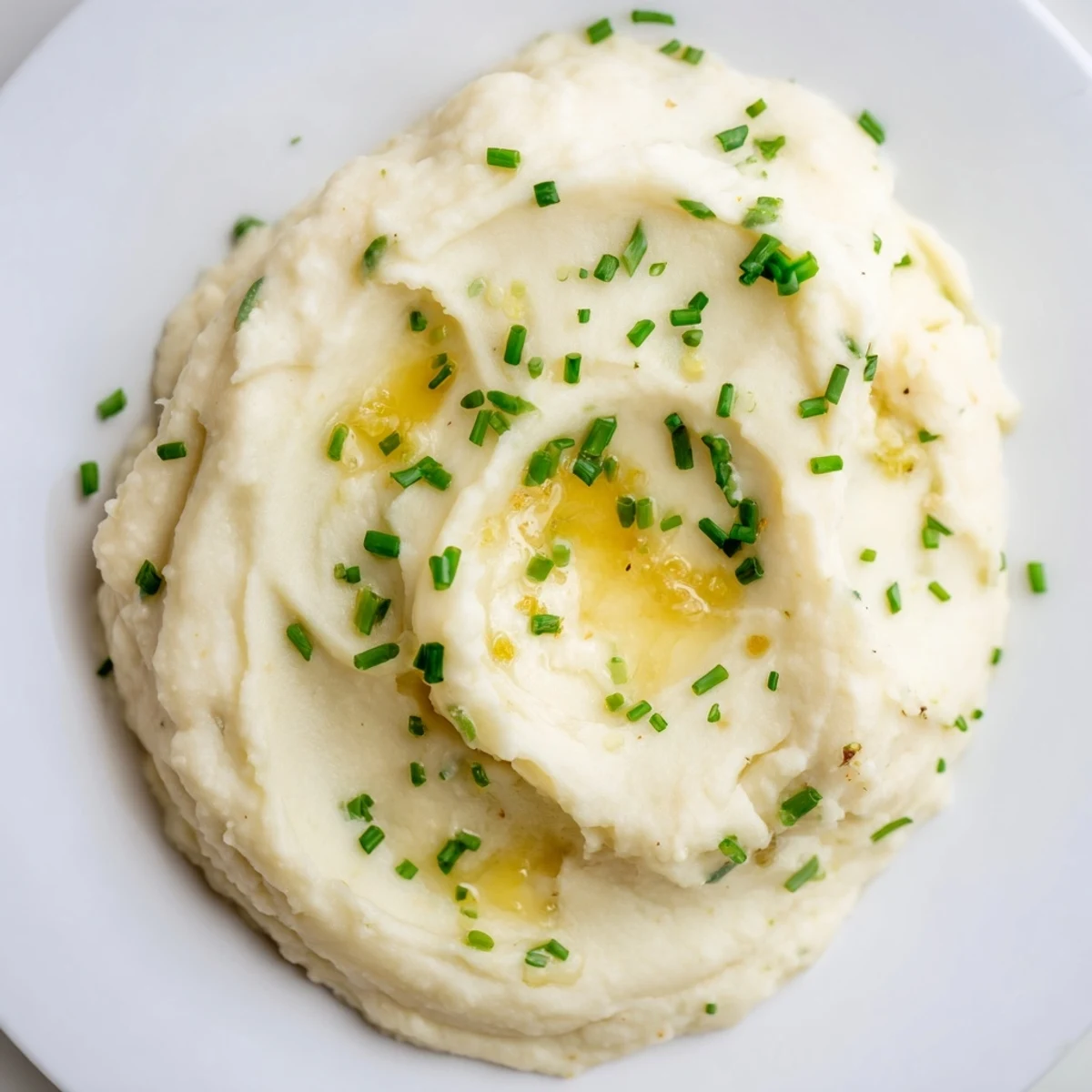 Warm roasted garlic mashed cauliflower in a ceramic dish, garnished with parsley for a low-carb side dish.