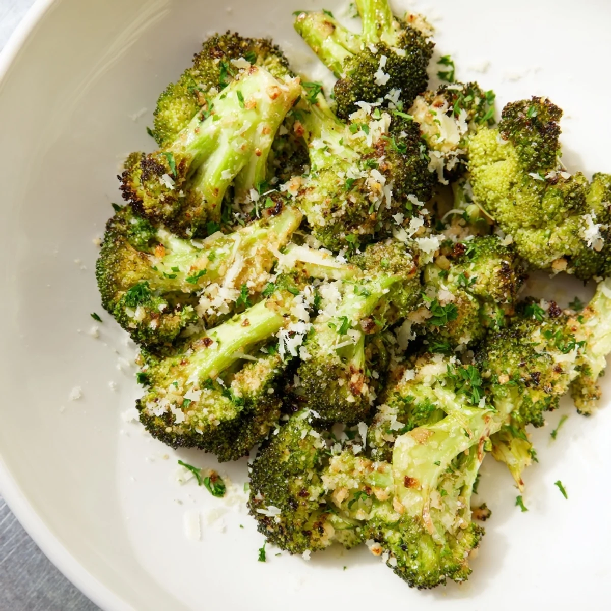 Crispy roasted broccoli florets with garlic and Parmesan ready to serve.