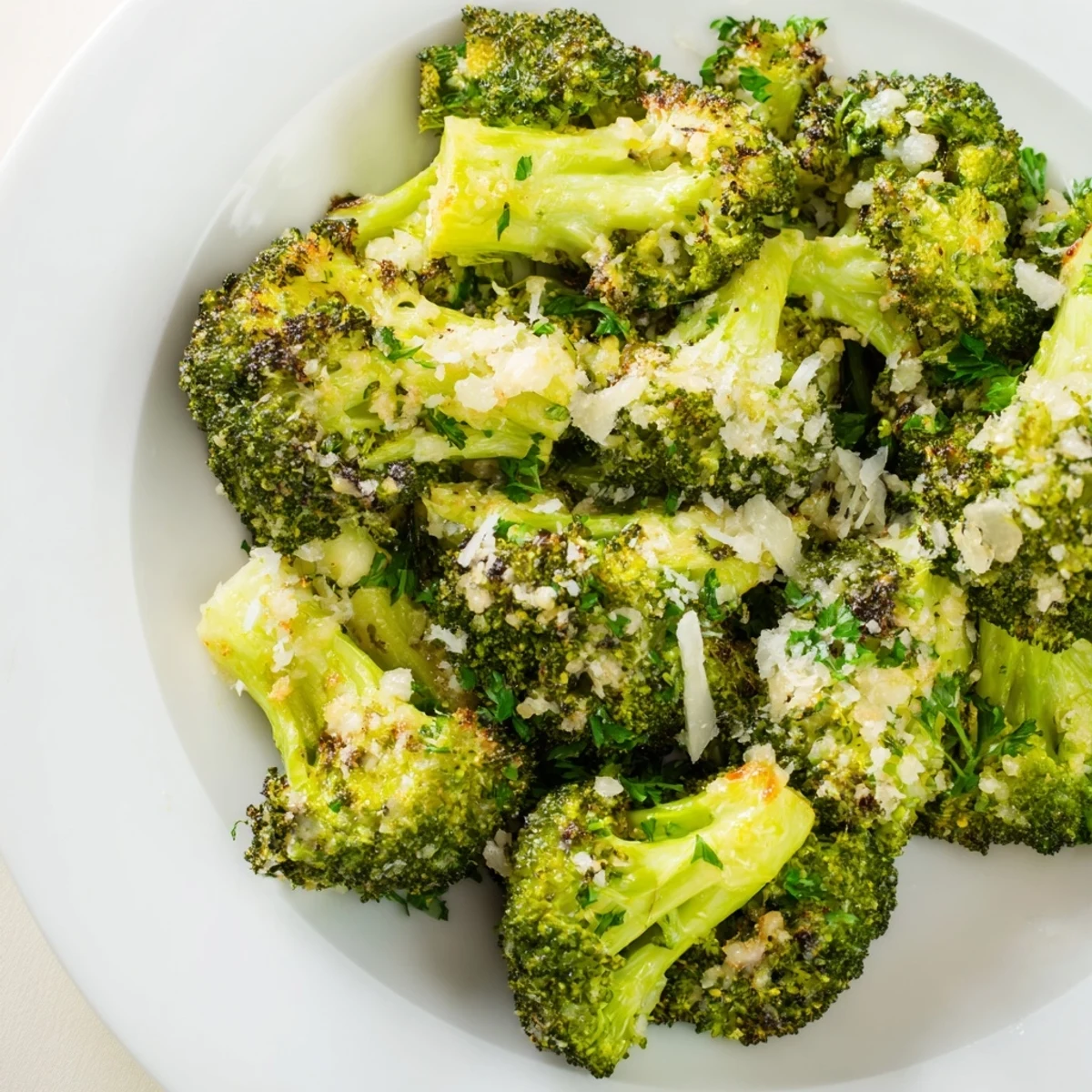 Roasted Broccoli with Garlic and Parmesan on a rustic plate garnished with parsley.