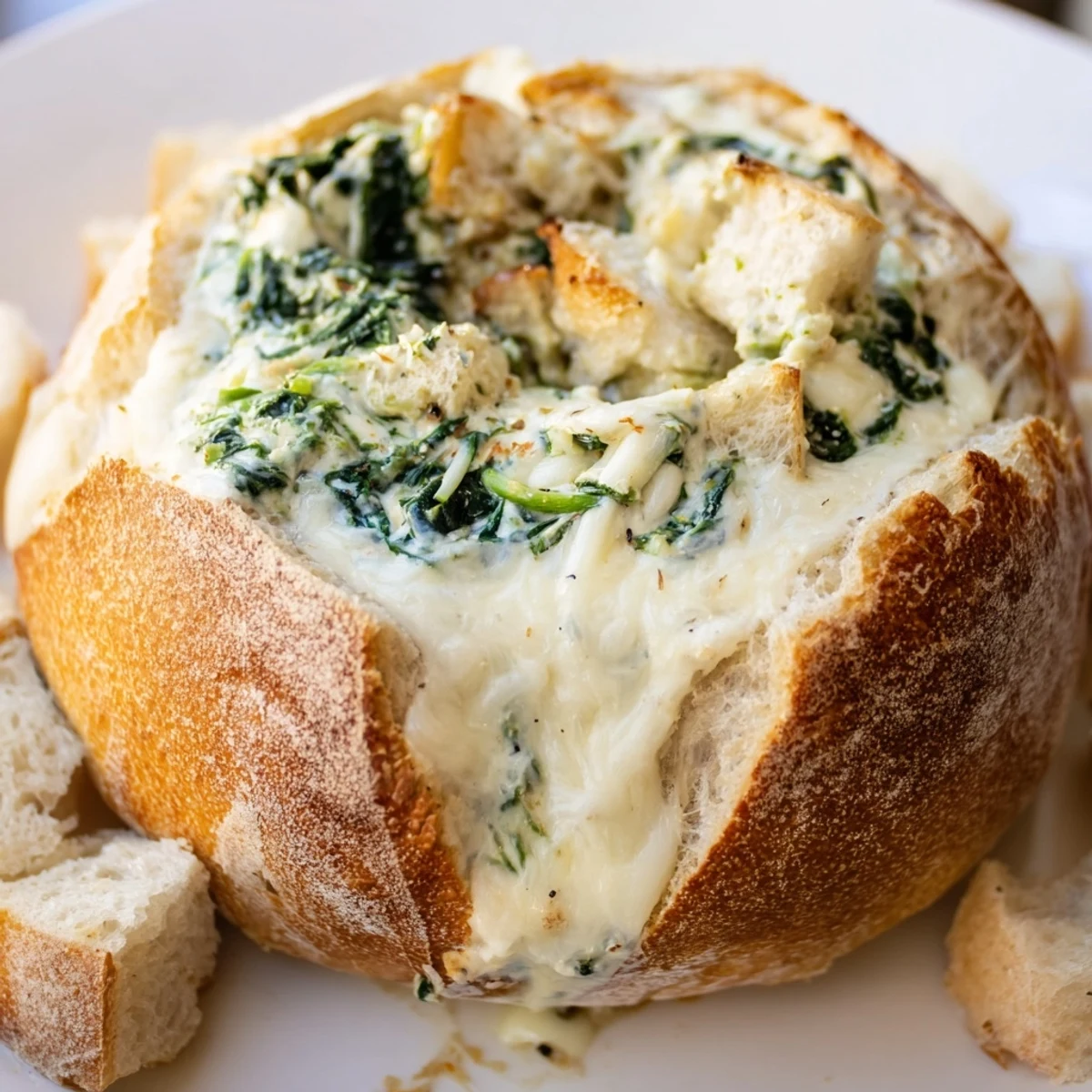 Creamy Spinach Dip with Sourdough Bread is baked golden and bubbly, served warm in a bread bowl for easy dipping at parties.