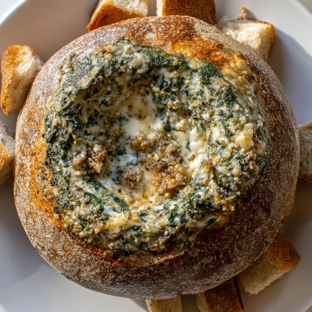 Steaming Creamy Spinach Dip with Sourdough Bread is pictured beside a glass of white wine for a cozy appetizer spread.