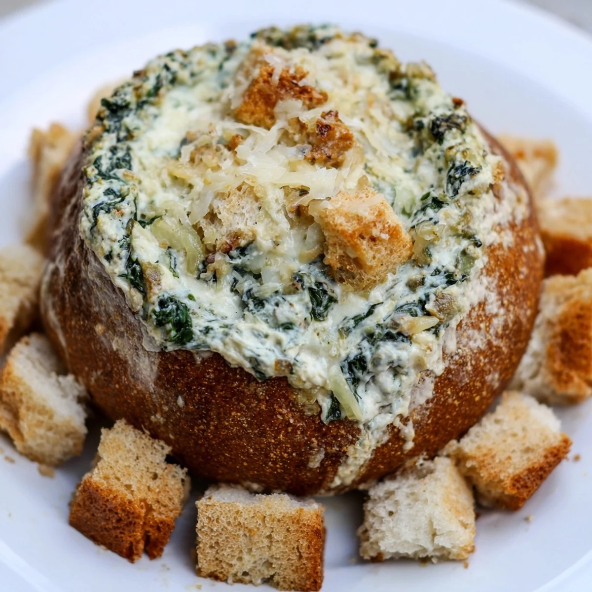 A close-up of Creamy Spinach Dip with Sourdough Bread highlights velvety spinach and melted cheese next to crusty, toasted slices.