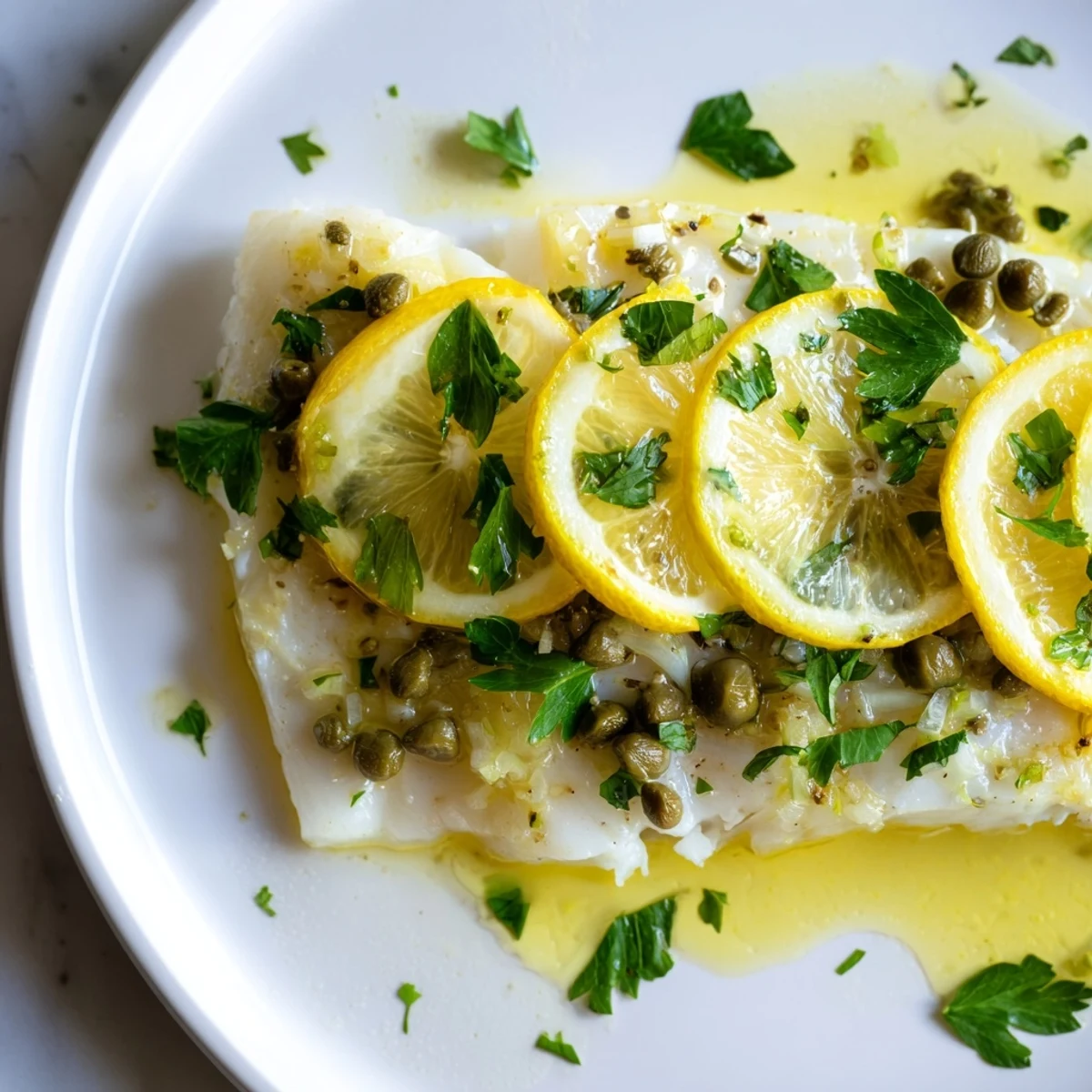 Golden-brown Baked Haddock with Lemon and Capers sits on a white plate, garnished with fresh parsley and lemon slices.
