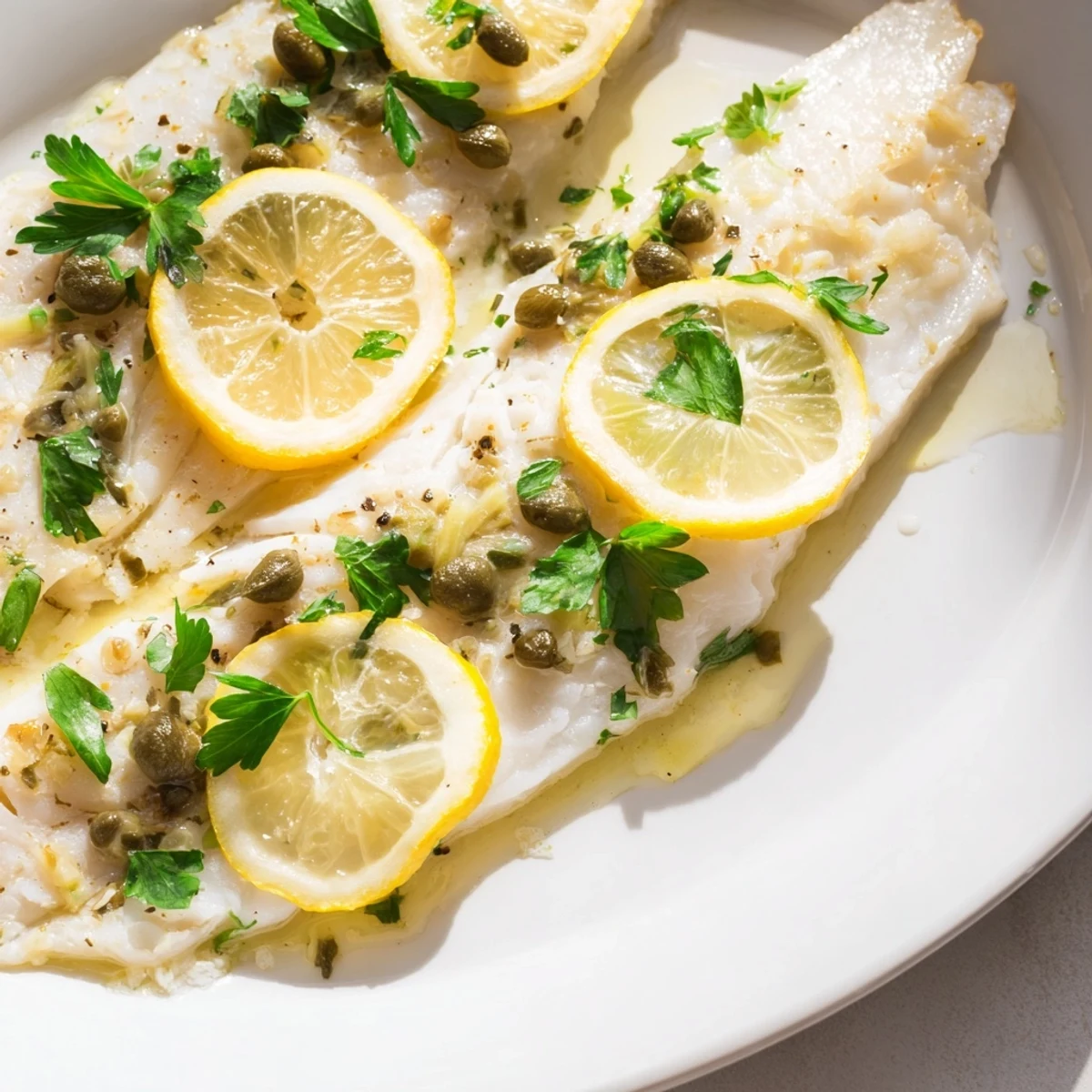 Flaky Baked Haddock with Lemon and Capers is served alongside roasted potatoes and steamed asparagus for a complete meal.