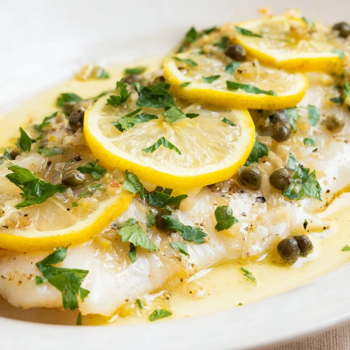 A close-up of baked haddock fillet shows lemon zest and capers, highlighting the tender texture and Mediterranean flavors.