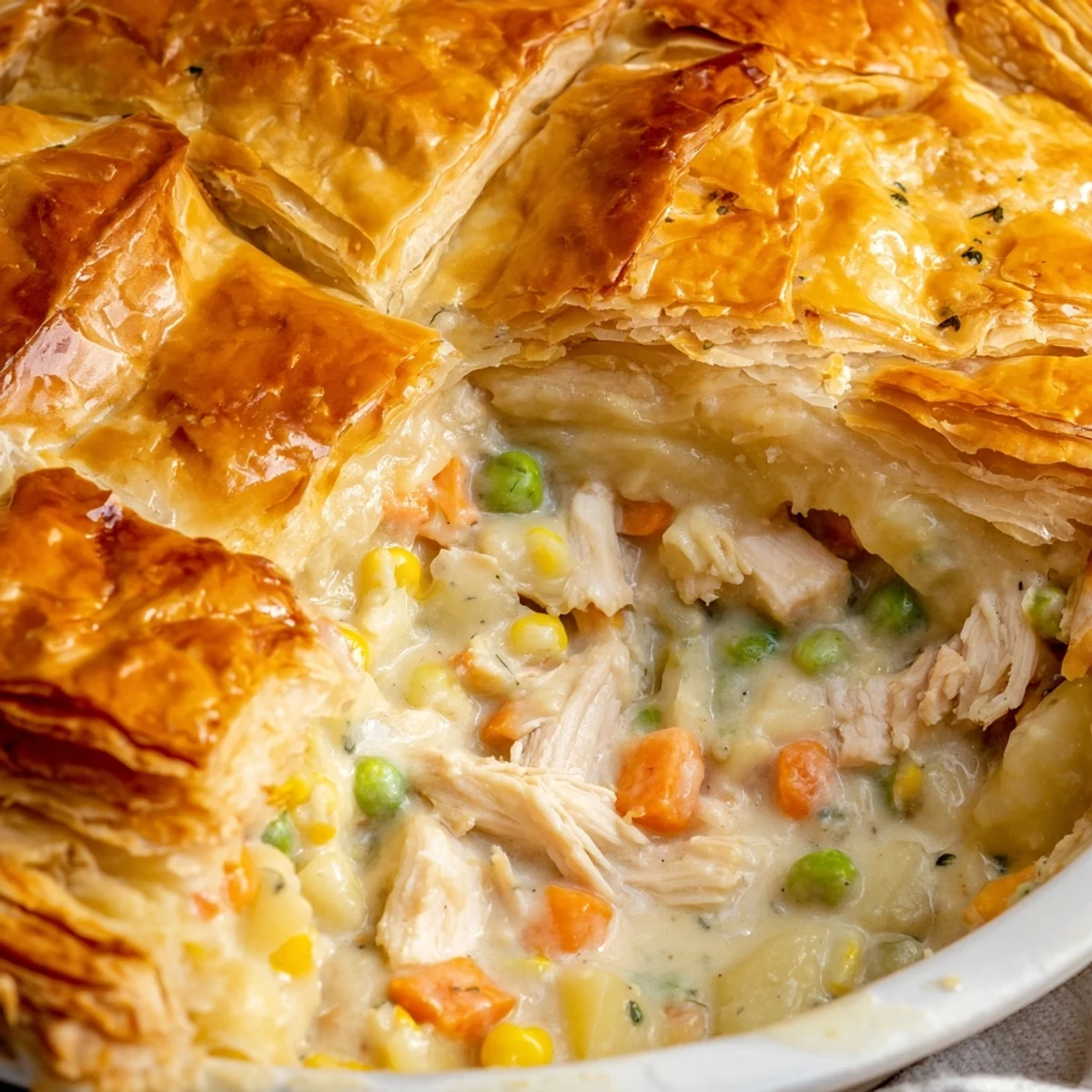 Golden-brown puff pastry covers a creamy turkey pot pie filling with peas, carrots, and celery.