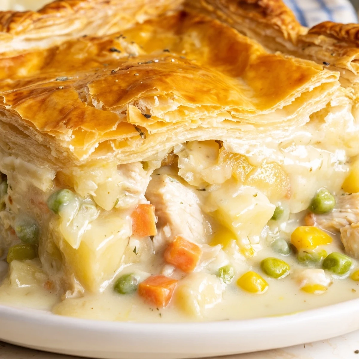 This hearty turkey pot pie with puff pastry crust is bubbling from a 400-degree oven.