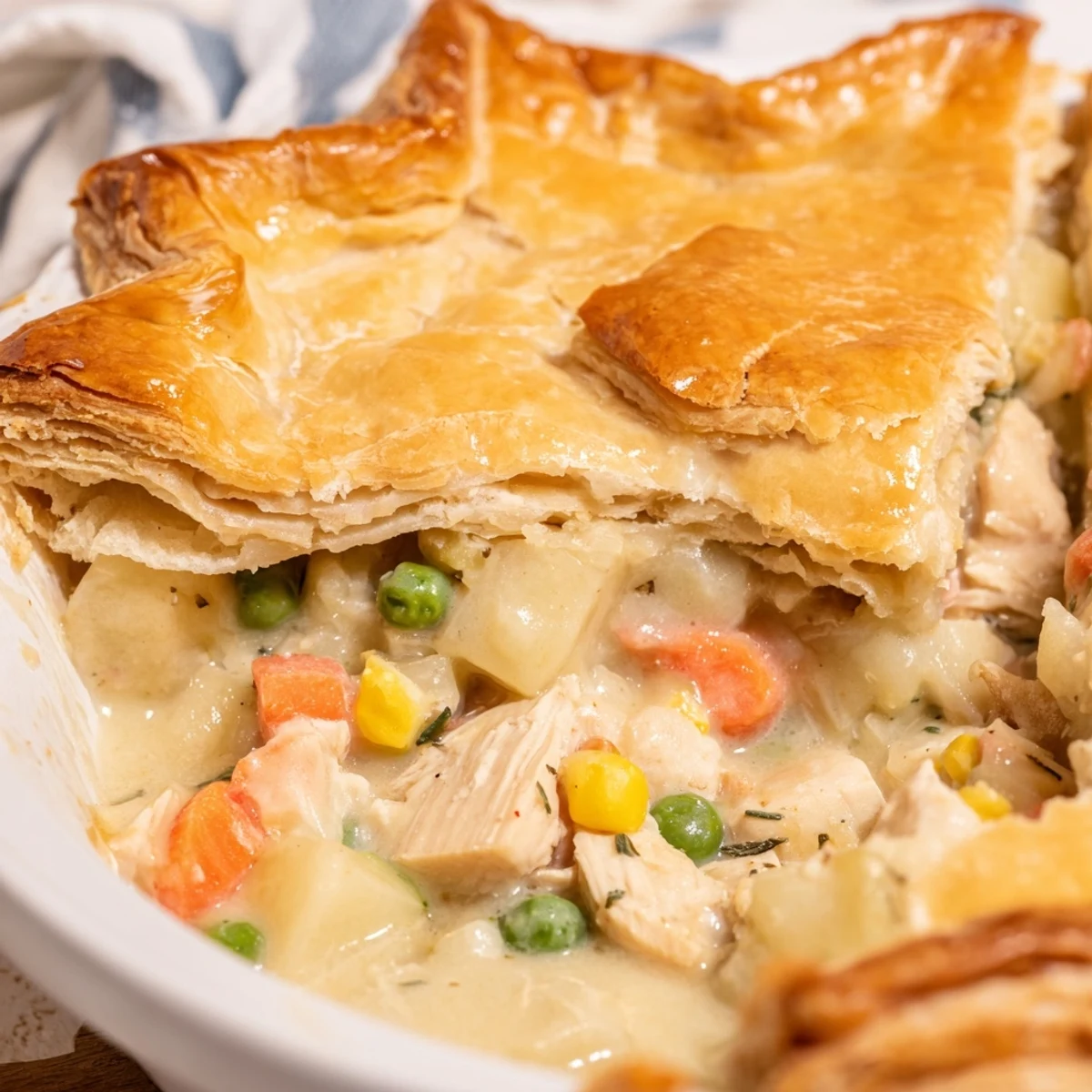 Freshly baked turkey pot pie with flaky crust sits beside a simple green salad.