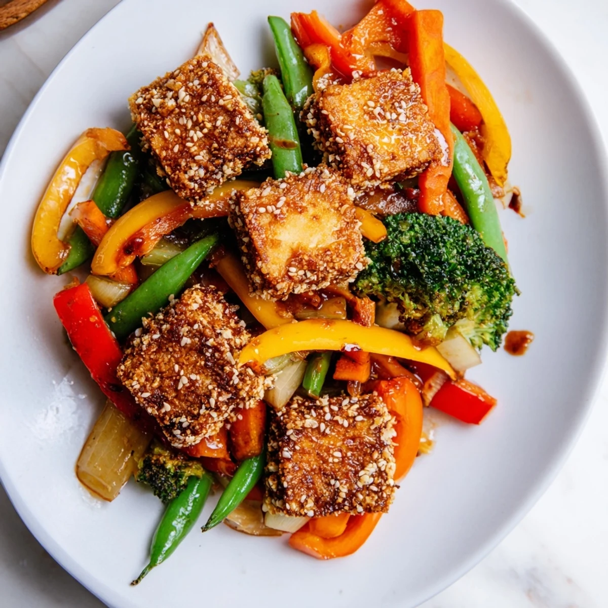 Freshly fried coconut tofu served alongside colorful peppers, snap peas, and broccoli for a vegan meal.