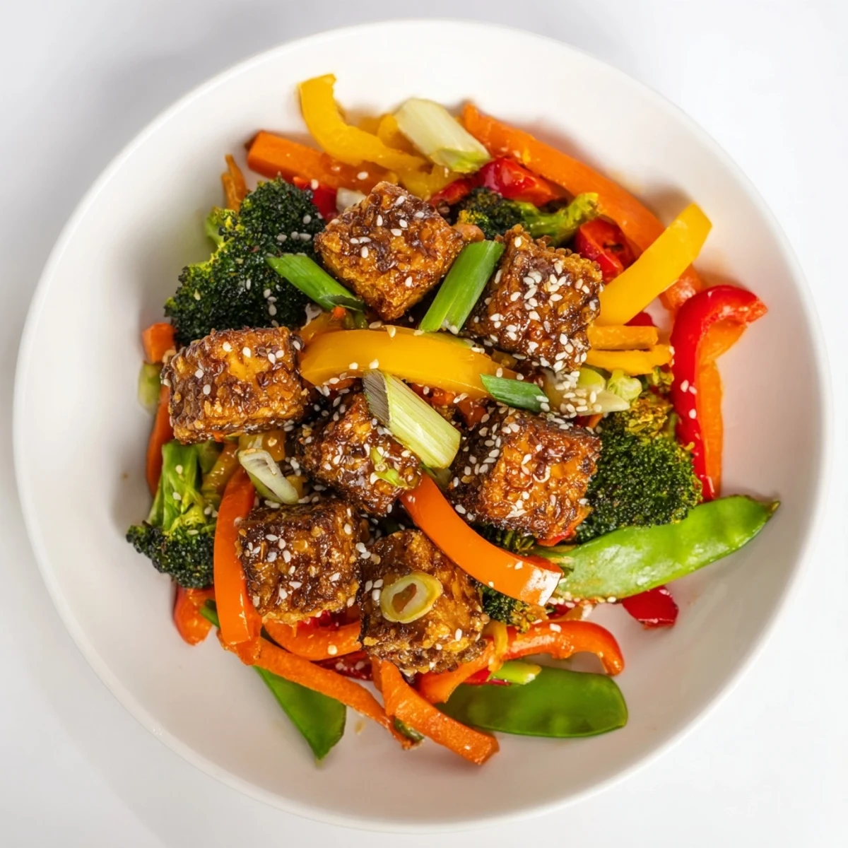 Golden-brown crispy coconut tofu cubes nestled with vibrant stir-fried vegetables in a glossy sauce.