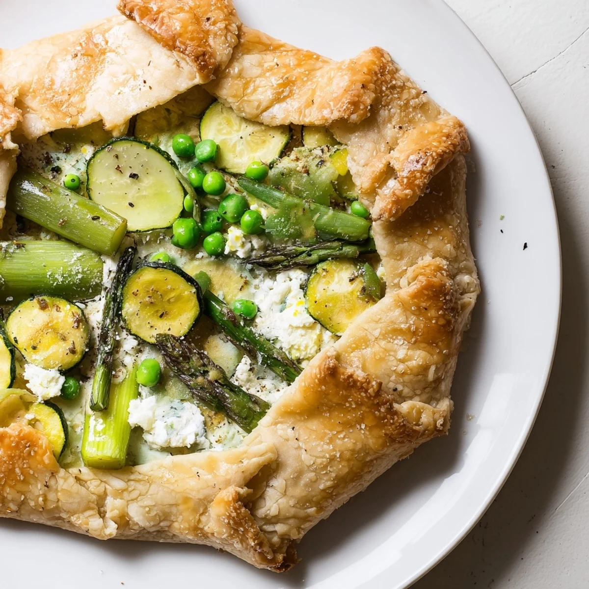A golden Spring Vegetable Galette with goat cheese, topped with tender asparagus and bright green peas.