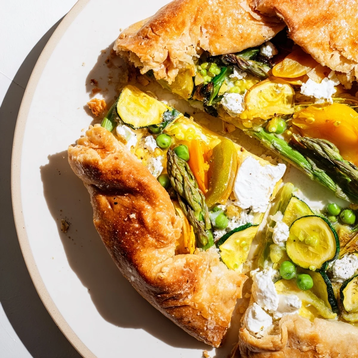 Spring Vegetable Galette with goat cheese served warm, showcasing flaky crust and fresh mint garnish.