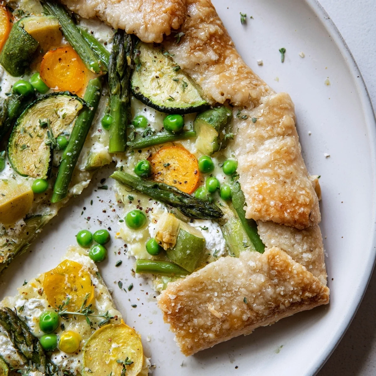 Savory Spring Vegetable Galette with goat cheese and zucchini, cut on a rustic wooden board.
