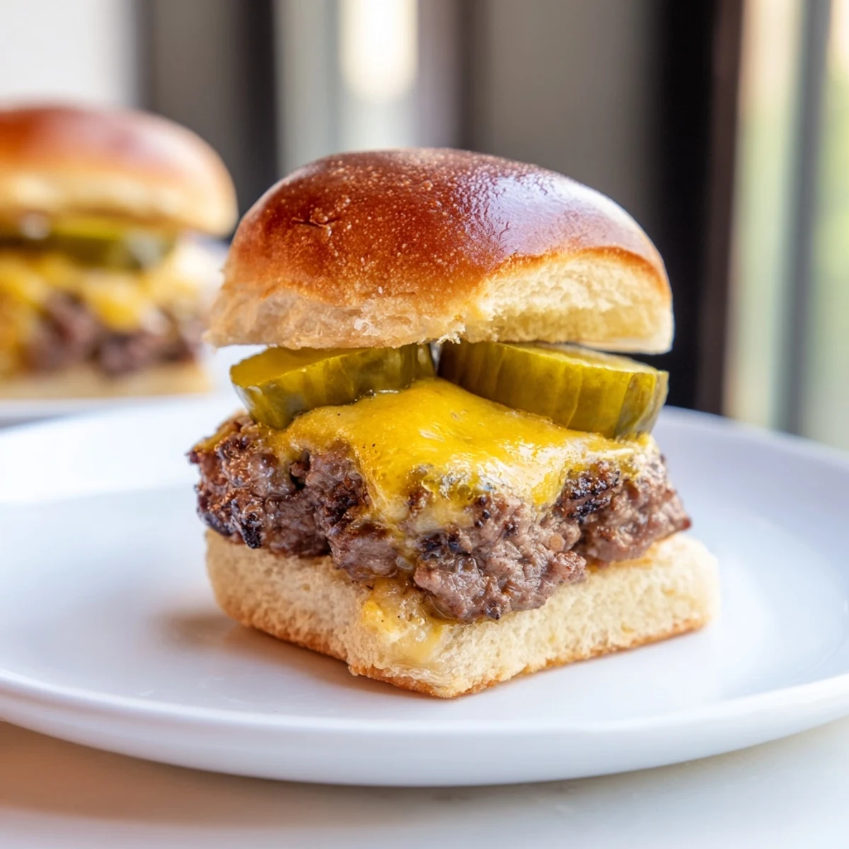 Juicy mini beef burgers topped with melted cheddar cheese and tangy dill pickles on soft toasted slider buns.
