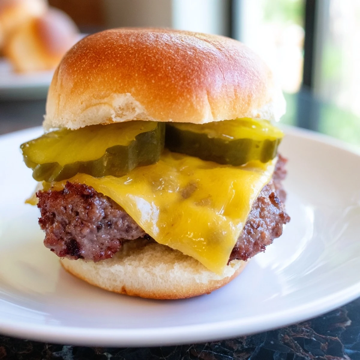 Tender beef patties with melted cheese and crisp pickles, served on warm buttery mini buns for parties.