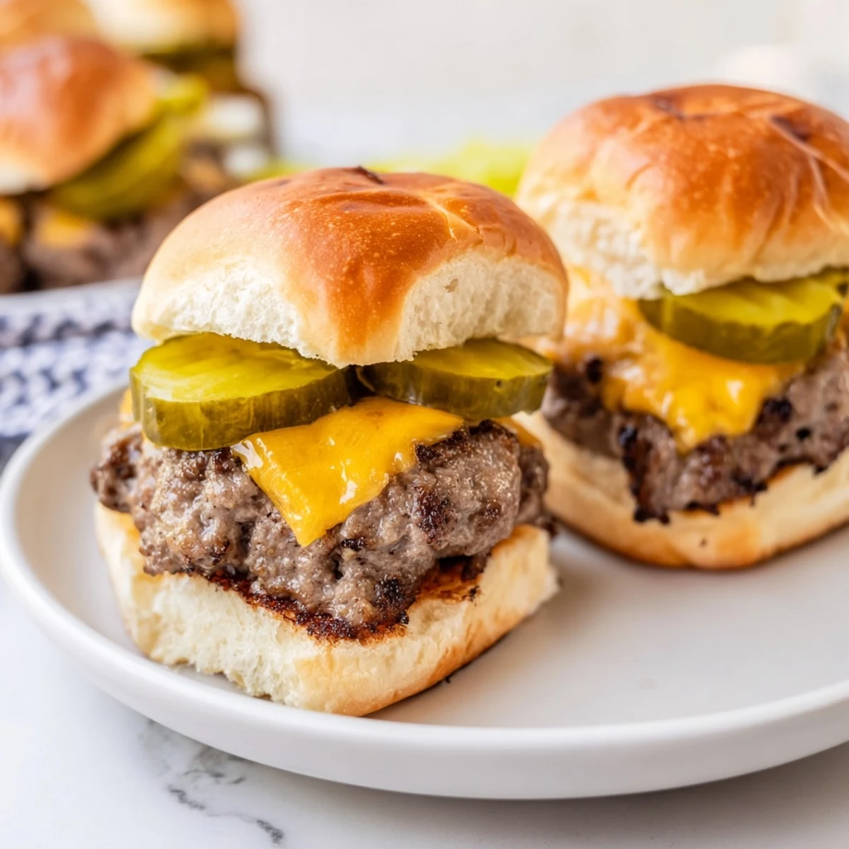 A close-up view of beef sliders with cheese and pickles on golden buns, ready for a casual gathering.