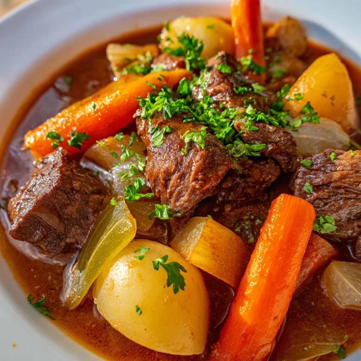 Golden-brown beef cubes and tender root vegetables simmer in a rich, dark broth in a cast iron pot.