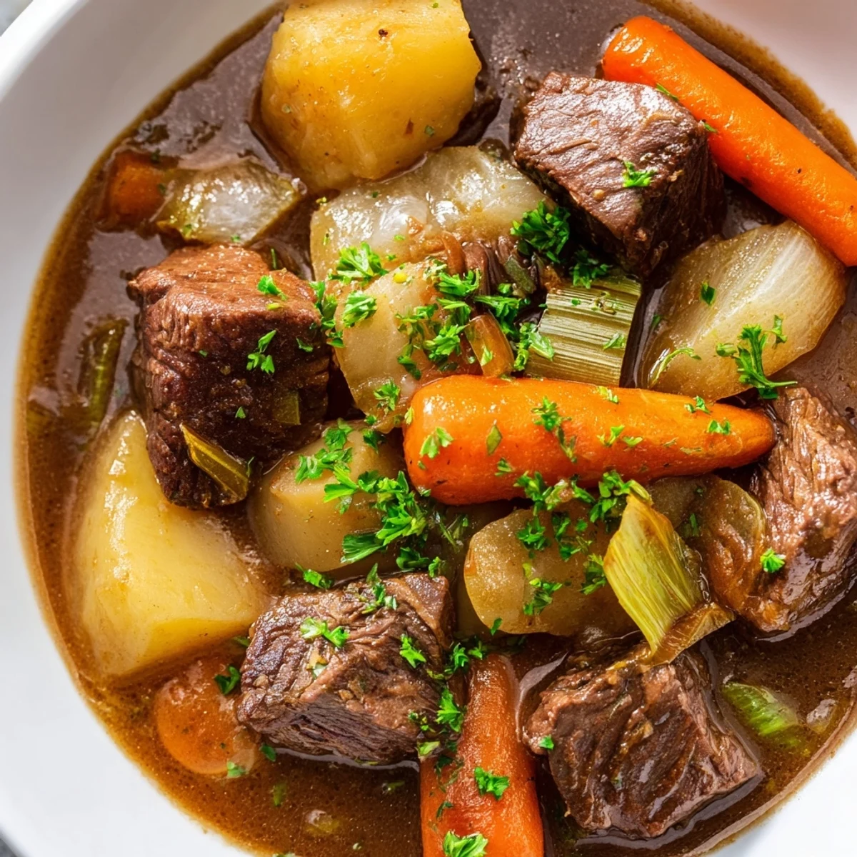 A comforting bowl of Irish Beef and Vegetable Stew garnished with fresh parsley and served hot.