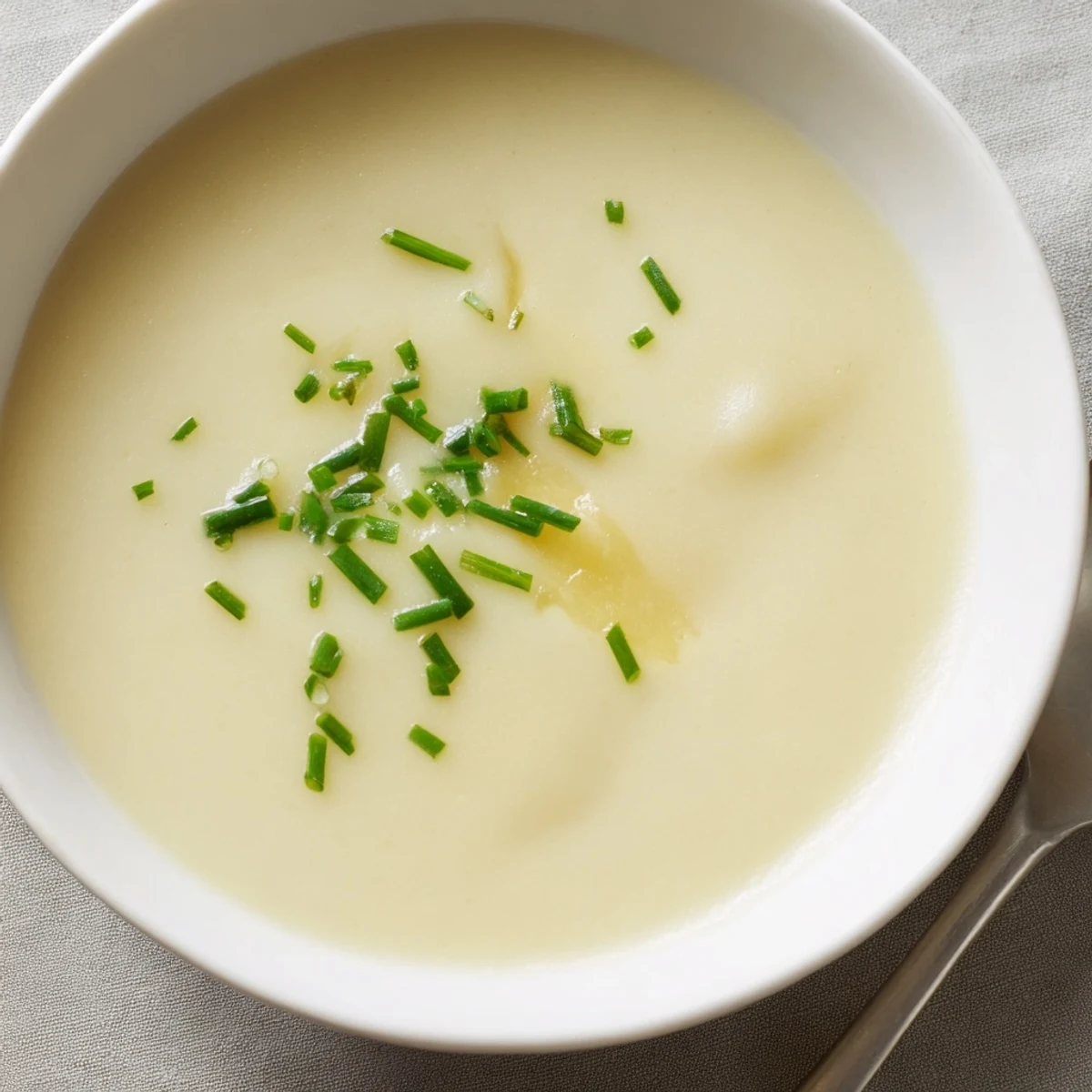 Steam rises from a bowl of creamy potato soup with chives, garnished with fresh herbs and served with crusty bread.