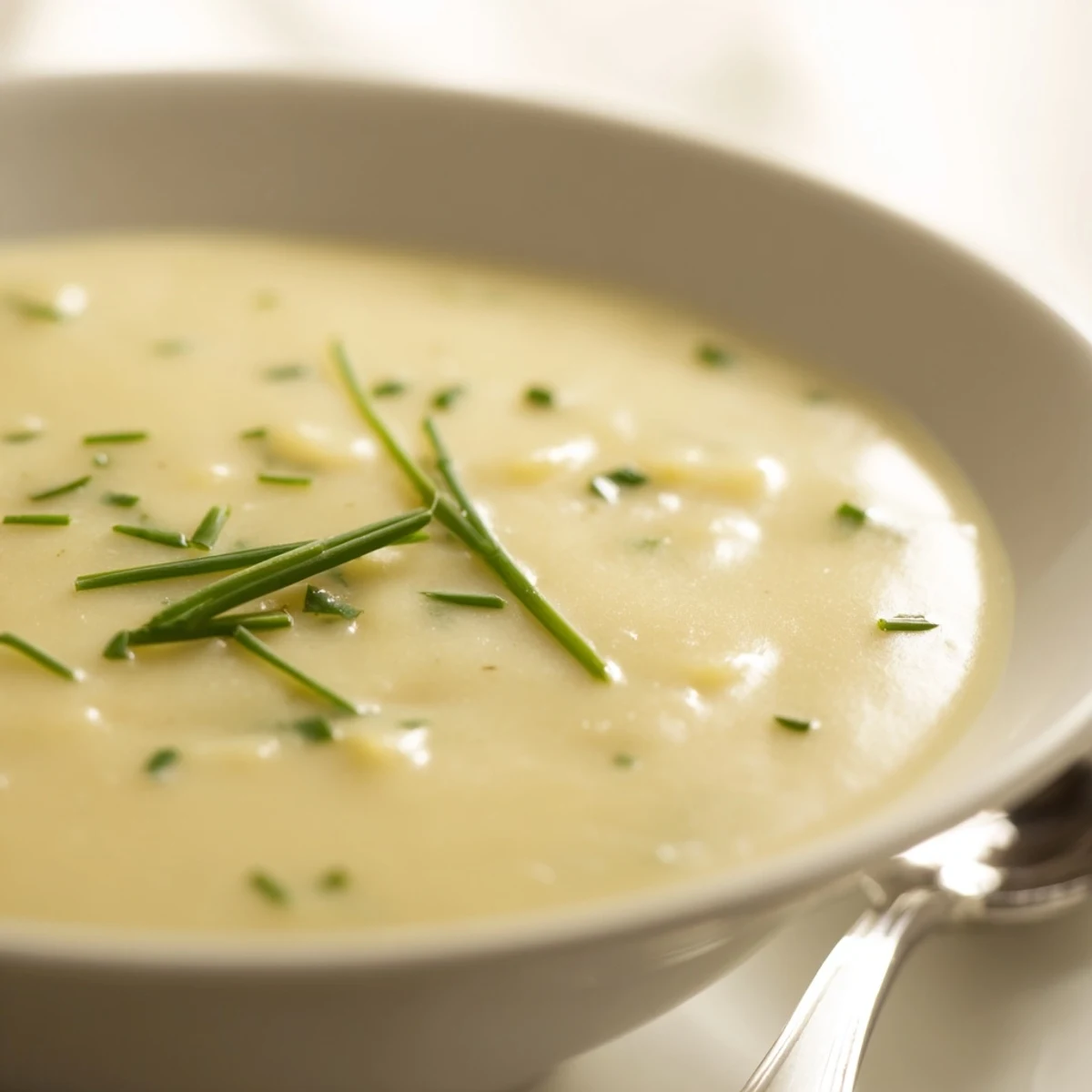 A close-up shows a velvety bowl of Creamy Potato Soup with Chives, its surface shimmering with heavy cream and butter.