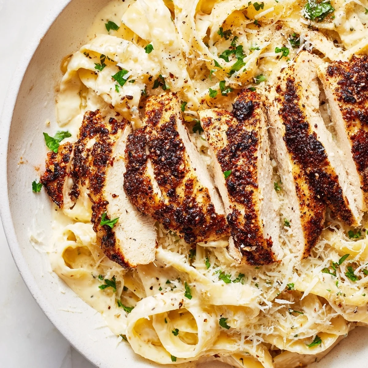 A close-up of Cajun Blackened Chicken Alfredo on a rustic plate, creamy sauce coating fettuccine noodles topped with spiced sliced chicken.