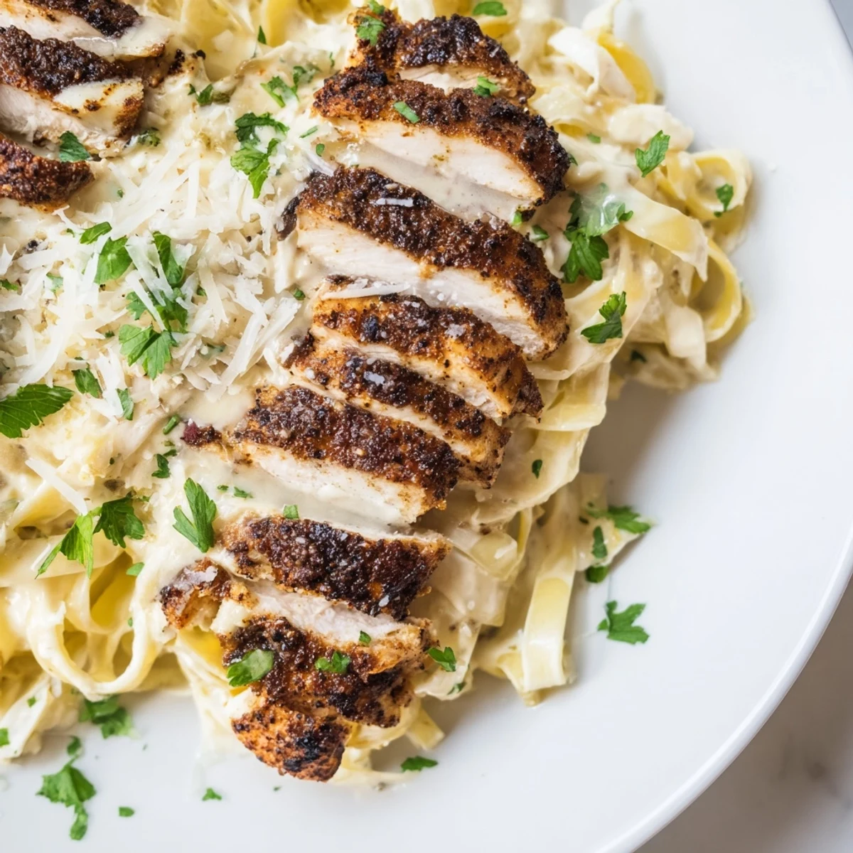 Sizzling blackened chicken breast pieces rest atop a bowl of creamy Cajun Blackened Chicken Alfredo, garnished with fresh parsley and grated Parmesan.