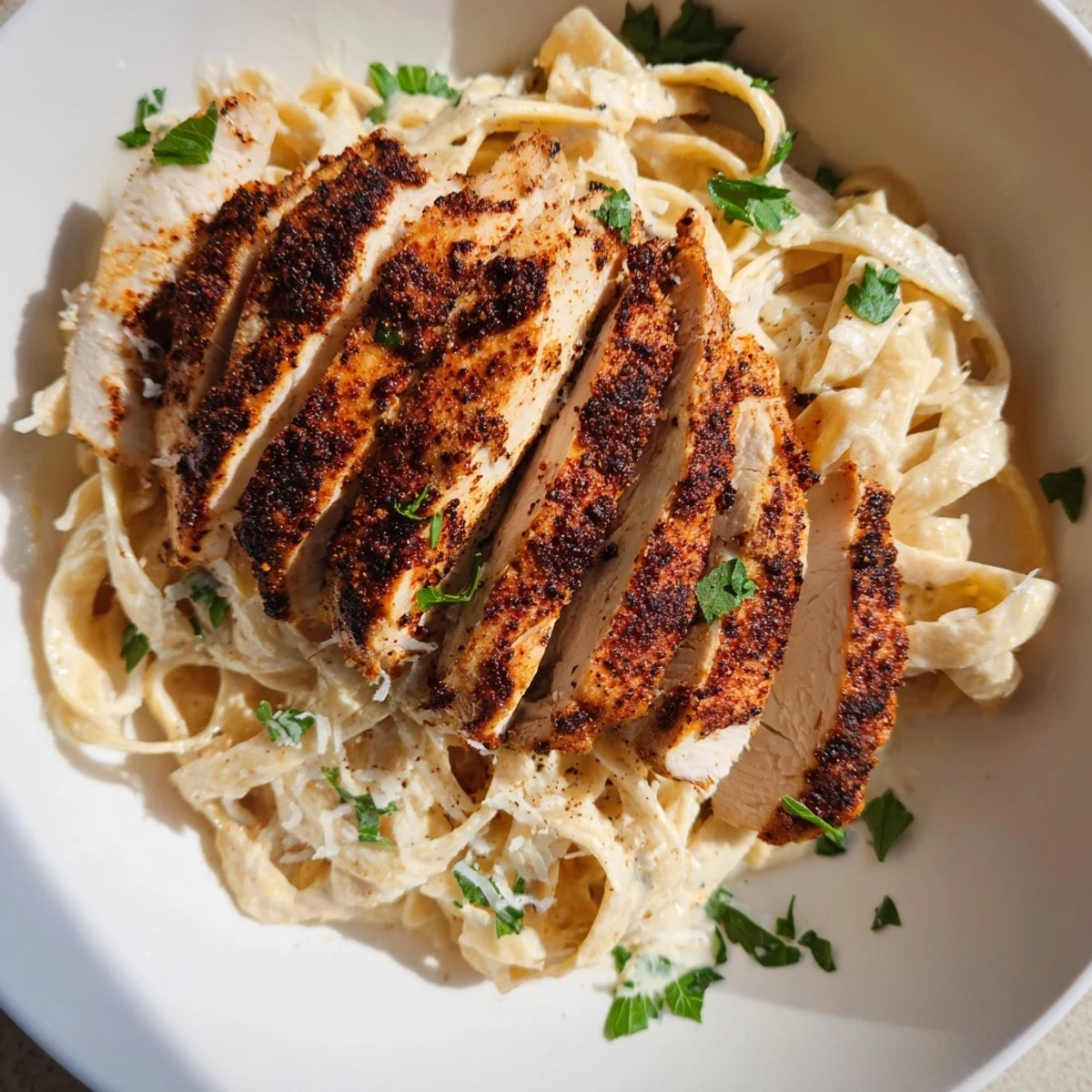 Cajun Blackened Chicken Alfredo Pasta served on a white plate with creamy sauce coating fettuccine noodles.