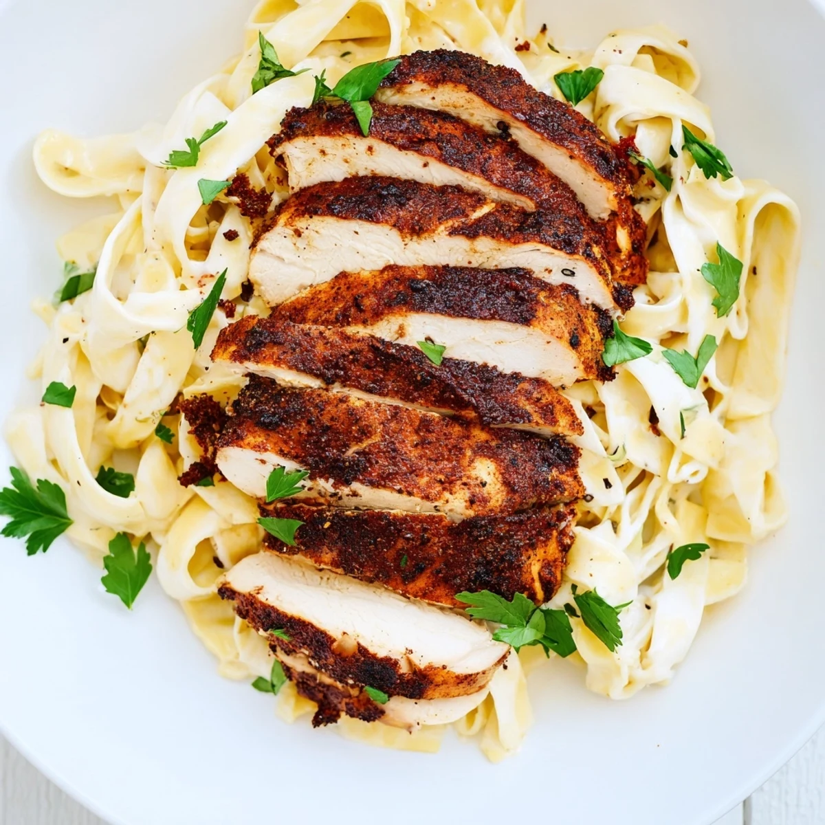 Cajun Blackened Chicken Alfredo Pasta with a golden sear on chicken and rich Alfredo sauce ready to serve.