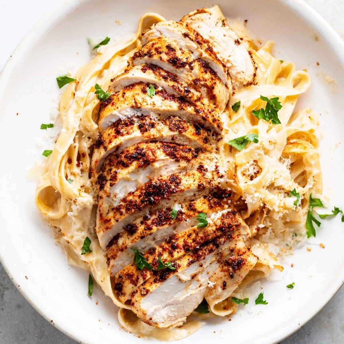 Cajun Blackened Chicken Alfredo Pasta topped with sliced spicy chicken breasts and fresh green parsley garnish.