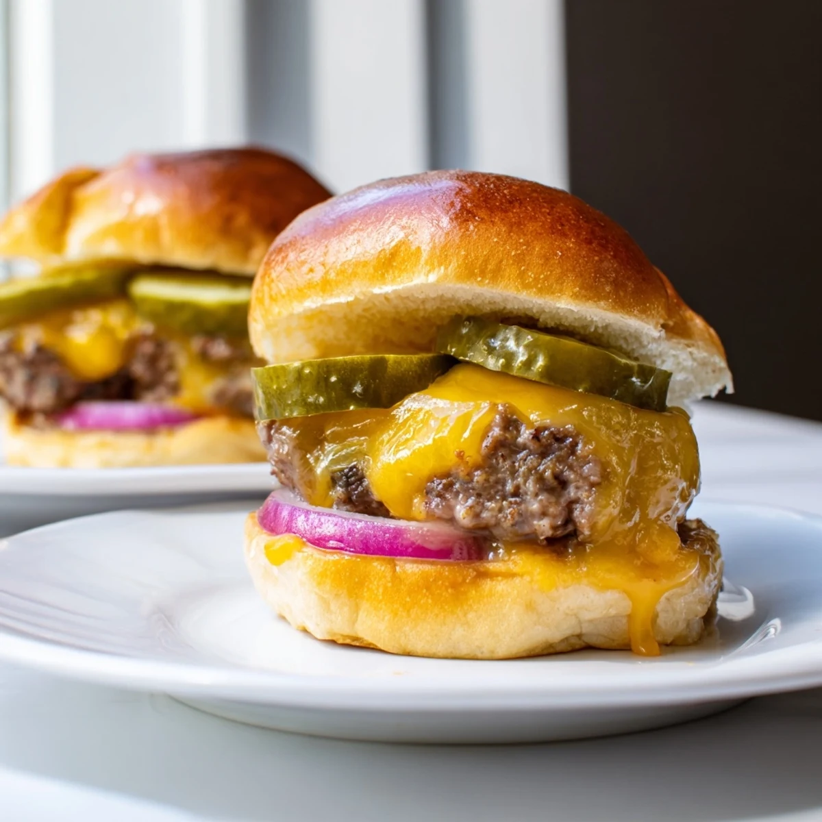 Juicy Beef Sliders with Cheese and Pickles melt on soft toasted buns, ready for a backyard party.