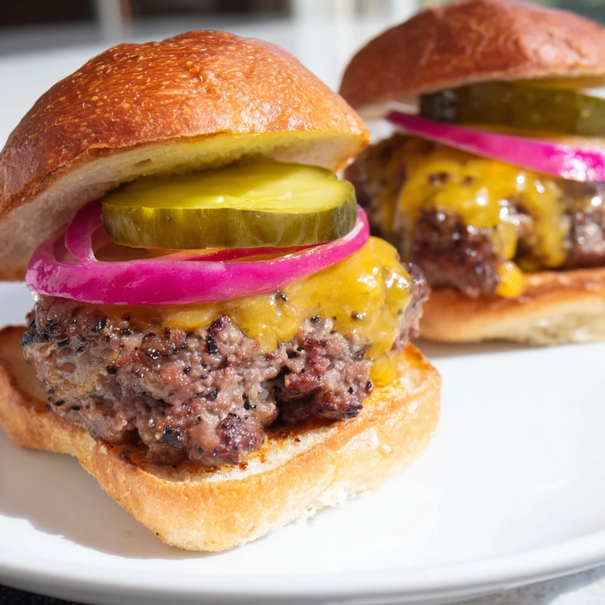 A close-up shows Beef Sliders with Cheese and Pickles, their cheddar melting over dill pickles on buttery buns.