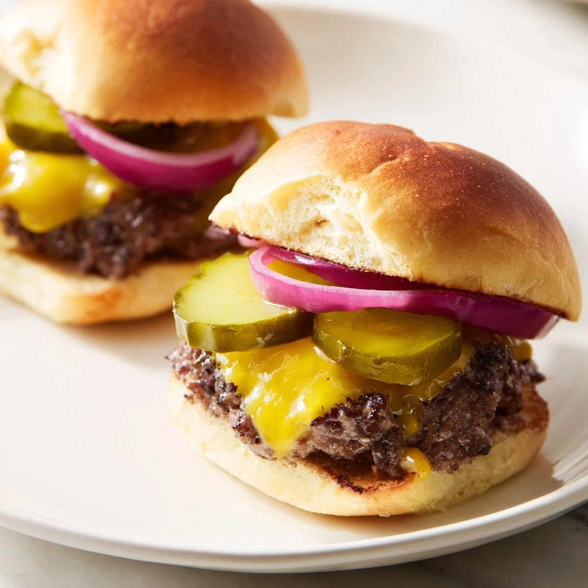 Stacked Beef Sliders with Cheese and Pickles glisten with juices, paired with tangy pickles and melted cheese on mini buns.