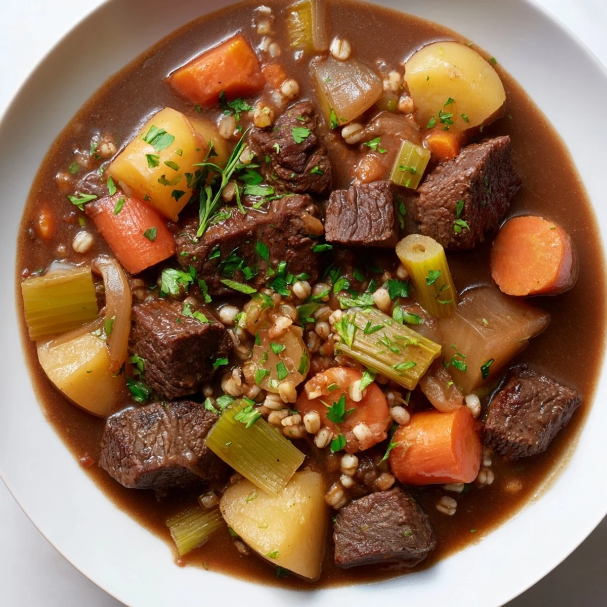 A steaming bowl of Irish Beef and Vegetable Stew with Barley, featuring tender beef chunks and colorful root vegetables.
